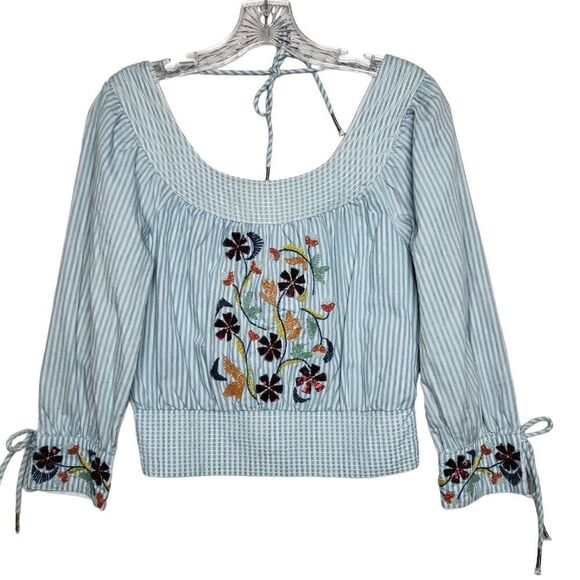 Anthropologie Pinstriped Beaded Embroidered Floral Puff Sleeves Blouse Size XS - Picture 3 of 11